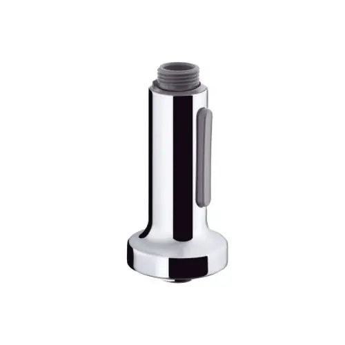 Chromfarbener Auslauf für eine Armatur von Hansgrohe mit einem gewindeartigen Anschluss oben und einer seitlichen Betätigung.